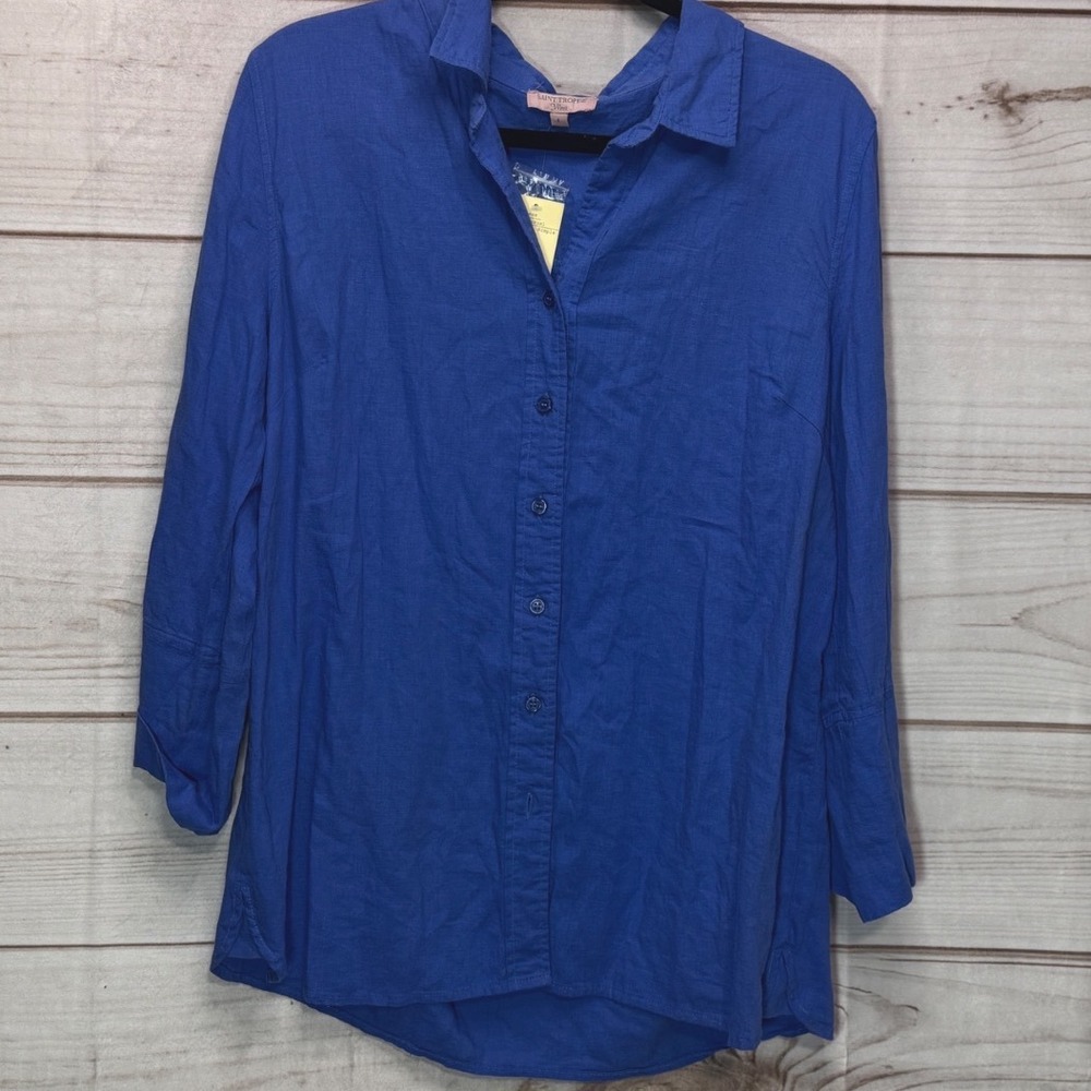 Saint Tropez West Blue Linen Blend Button Down Shirt Long Sleeve Large NWT